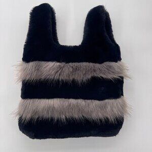 Fun Fur Factory Faux Fur Bag — Navy & Gray Fluffy Tote Y2K